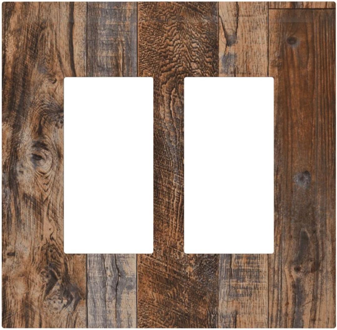 Vintage Board Rustic Brown Wood Texture Decorative Outlet Covers 2 Gang Double GFCI Rocker Electrical Wall Panels Light Switch Cover Plate for Farmhouse Home Decor