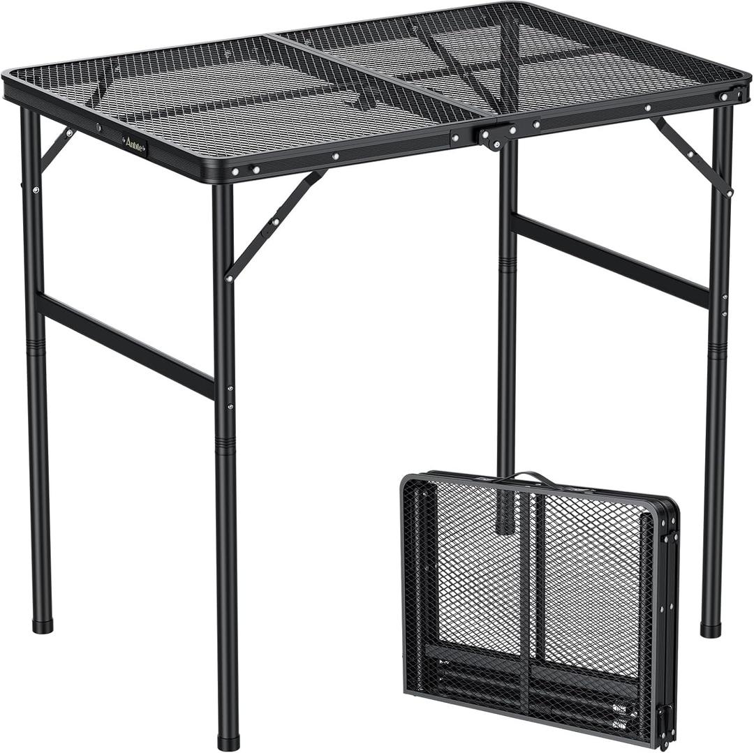 Anbte Portable Grill Table Max 29.5", 2 Adjustable Heights Folding Camping Table with Heat-Resistant Mesh Tabletop &Portable Handle, Waterproof, for Cooking BBQ Outdoor Patio, 31" X 22", Black, 35"l X 21.65"w X 29.4h"