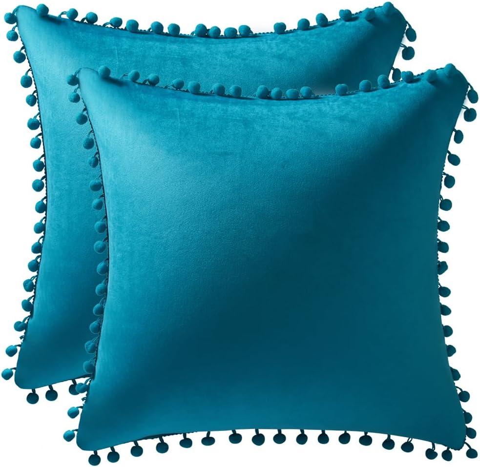 DEZENE Throw Pillow Cases 16x16 Turquoise: 2 Pack Cozy Soft Pom-poms Velvet Square Decorative Pillow Covers for Farmhouse Home Decor