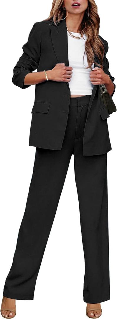 luvamia 2 Piece Outfits for Women Dressy Blazer Jackets High Waisted Straight Leg Pants Suits Set Business Casual Office (Medium, Black)