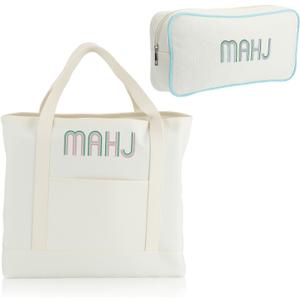 2 Pcs Embroidered Mahjong Canvas Tote (large & Extra Large) Empty Tiles Tote Embroidered Tile Bag for Mahjong Lover Accessories Overnight (Blue)