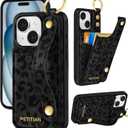 Petitian for iPhone 15 Wallet Case - Women Girls Cute Girly Aesthetic Unique Design Leather Credit Card Holder Phone Cover Stand Wristband for iPhone 15, Black Leopard