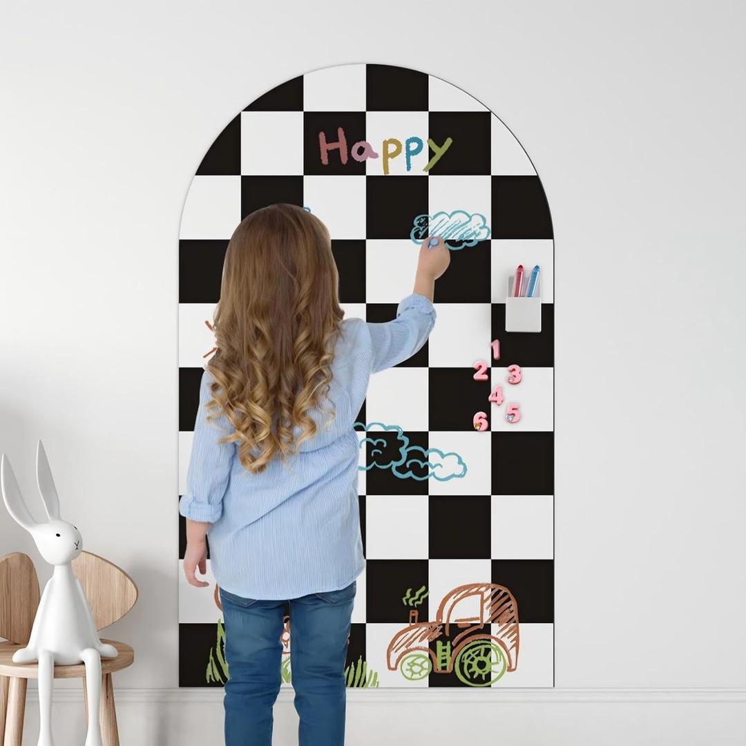 Magnetic Chalkboard Wall Decal 24''x40'' Arch - Removable Reusable Peel and Stick (No Wall Damage) Extra Strong Magnetism - Easy Clean Chalkboard for Home Office Playroom (Black White Checker)