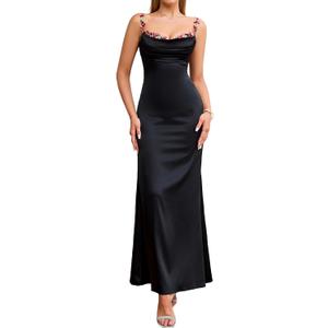 Colysmo Satin Maxi Floral Long Formal Wedding Guest Dresses for Women (Black, M)
