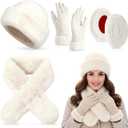 Mepase 4 Pcs Women Winter Faux Mink Fur Mongolian Hat with Faux Fur Collar Scarf Earmuffs and Touch Screen Gloves Set (Cream)