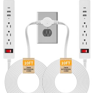 Twin Extension Cord - 20 FT Split Extension Cord, 6 Outlets and 6 USB Ports - Double Power Strip, 3 Prong and Flat Plug, for Behind Bed, Couch, Nightstands, Vanity, Furniture
