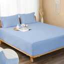 100% Cotton Percale Fitted Sheet Queen Size, 8-15" Deep Pocket Cooling Bottom Sheet, Breathable Soft & Crisp Fitted Sheet Only with 4 Corner Straps (Queen, Placid Blue)