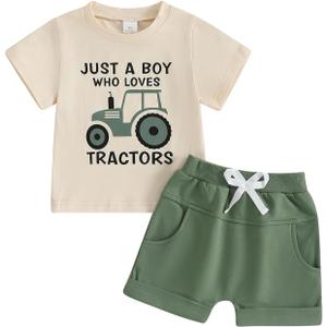 Baby Boy Cute Letter Short Sleeve Shirt Top Elastic Waist Shorts Toddler Summer Outfits (Green Just A Boy Who Loves Tractors, 12-18 Months)