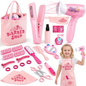 Sanlebi Hair Salon Toys for Girls, 25 Pc Pretend Play Styling Toy Set for Kids 3-6 with Hair Dryer, Barber Scissors and Stylist Accessories, Christmas & Birthday Gift for Girls