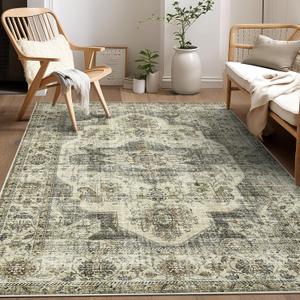 Area Rugs 8x10 Living Room Rug Non Slip Washable Rug Vintage Medallion Distressed Floor Cover Ultra-Thin Stain-Resistant Throw Carpet for Bedroom Dining Room Home Office Playroom Dorm Taupe