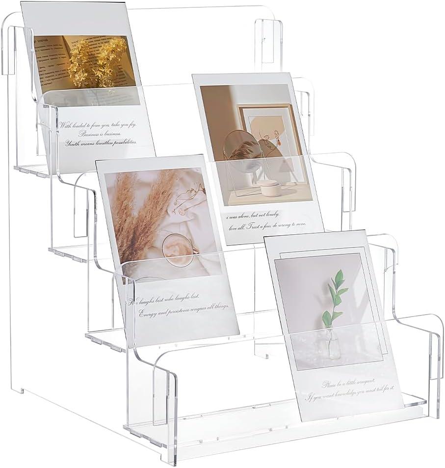 FINGERINSPIRE 4-Tier Acrylic Postcard Display Stand 10.7x10.6x12.2inch Clear Acrylic Greeting Card Display Holder Sticker Postcard Photo Stamp Cards Vendors Retail Display Rack Mail Organizer