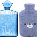 samply Hot Water Bottle with Cute Fleece Cover, Hot Water Bag for Hot and Cold Compress, Hand Feet Warmer, Neck and Shoulder Pain Relief, Navy Blue Bear