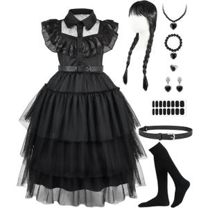 Black Halloween Costume for Girls 4-12, Kids Black Dress with Wig & Accessories, Cosplay Gift for Halloween (6-7 Years)