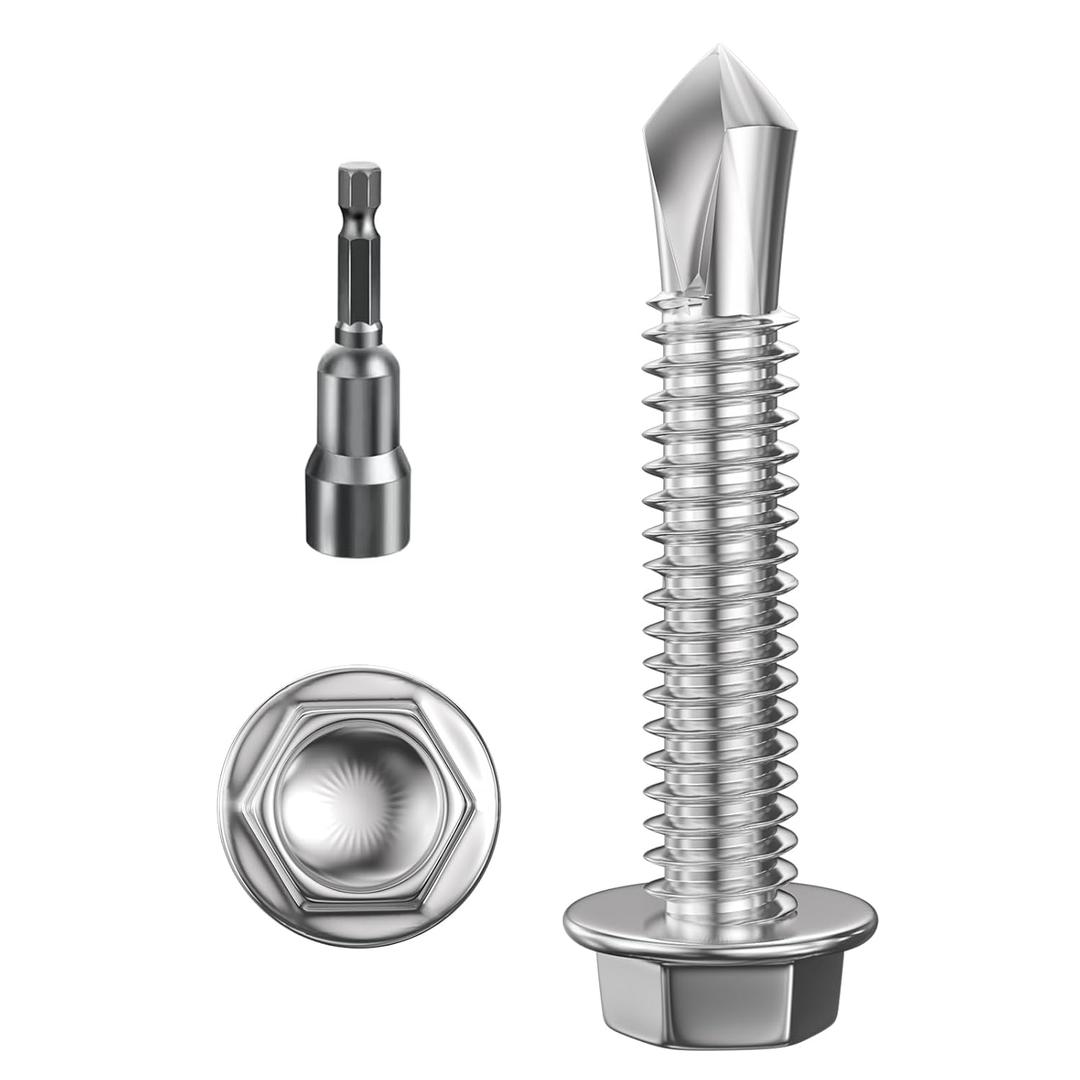 Wensilon (200Pcs)#101-1/4" Hex Washer Head Self Drilling Screws, 410 Stainless Steel Metal SheetScrewsTEK Screws, Sheet Metal Self Tapping Screws (Silver)