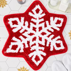 Riakrum Christmas Snowflake Rug Red Snowflake Bath Mat Winter Christmas Bathroom Decor Welcome Mat Non Slip Xmas Bathroom Rug Washable Bathtub Tub Doormat 21.7'' x 23.6''(Classic)