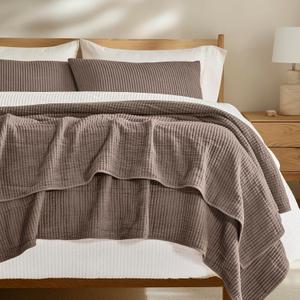 Cotton Coverlet Set Full Queen Size 3 Pieces, Lightweight Soft Ribbed Matelass Bedspread Quilt Set, Cozy Oversized Quilted Bedding Set with 2 Pillow Shams for All Seasons, Mocha Brown