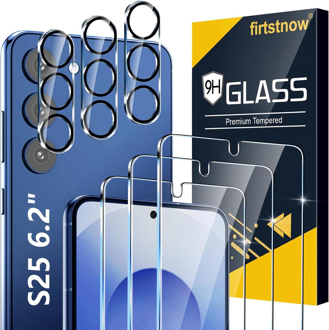firtstnow 3 Pack for Samsung Galaxy S25 Screen Protector Tempered Glass + 3 Pack Camera Lens Protector, Military Grade Shatterproof, 9H Hardness, Fingerprint Unlock, Case Friendly 6.2 Inch