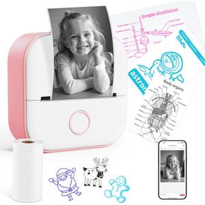 Memoking Instant Print for Kids - T02 Mini Printer, Print pod Sticker Maker, Instant Phone Photo Printer for Study, Fun, Stickers, Labels, Flashcards, DIY, Gift, Pink (1 Printer + 1 Roll Paper)