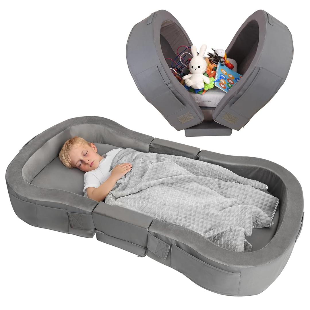 ENITYA Toddler Travel Bed, Folding Floor Cot for Travel, Portable Kids Bed for Sleeping, Washable Toddler Cot for Children 18M  5yr Old, Grey (54 x 28.8 x 6.6 Inch)