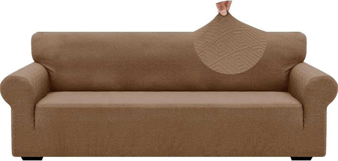 ZNSAYOTX 1 Piece Jacquard Couch Covers for 3 Cushion Couch High Stretch Sofa Cover for Pets Dogs Anti Slip Extra Large Sofa Slipcovers Furniture Protector (X-Large,New Pattern Light Coffee)