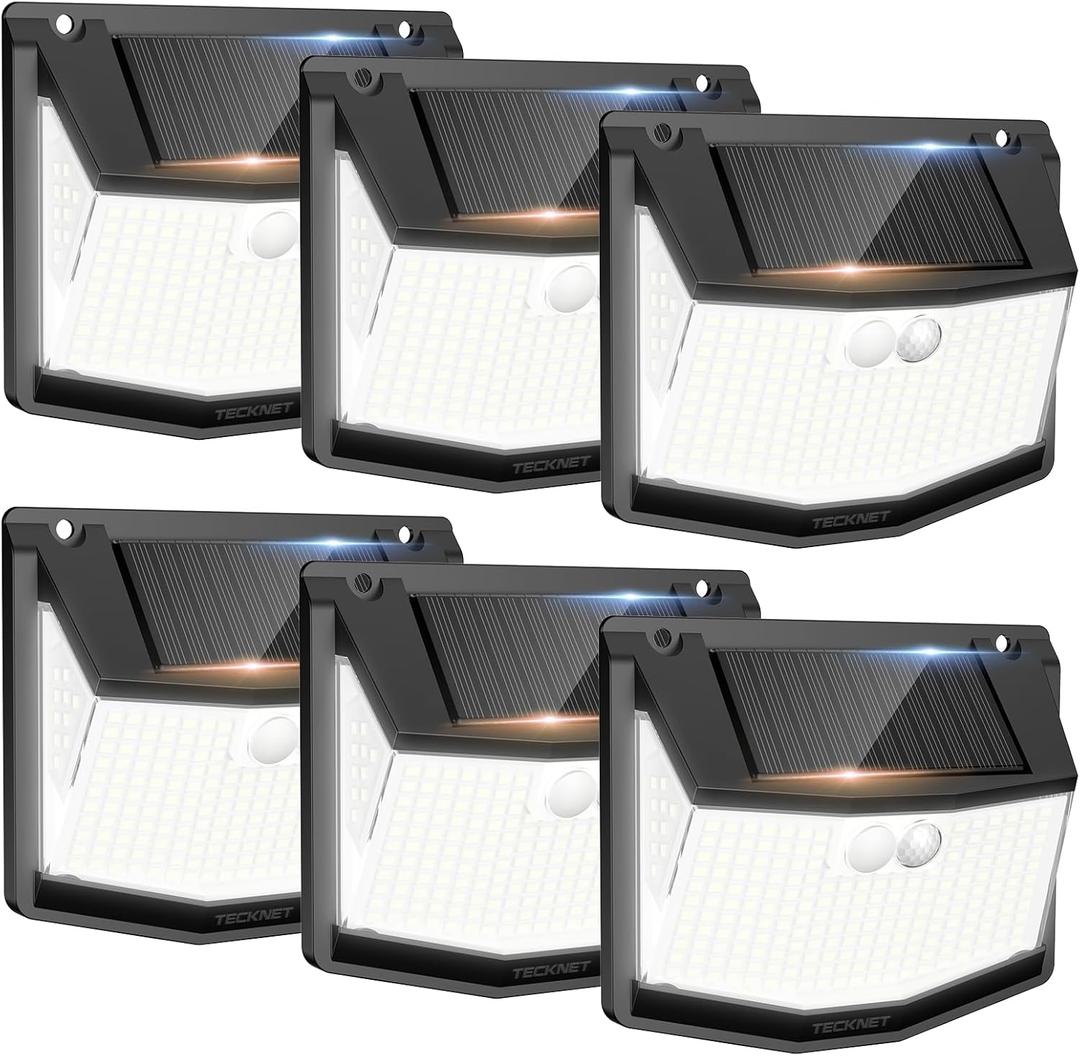 TECKNET 248 LED Outdoor Solar Lights & Motion Sensor 6 Pack, 300 Angle & 3 Lighting Modes Solar Lights Outdoor Waterproof, Solar Powered Security Flood Wall Lights IP66 for Outside/Yard Fence/Garden