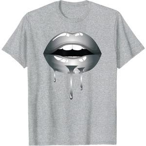 Silver Dripping Lips T-Shirt, Color: Heather Grey, 3XL