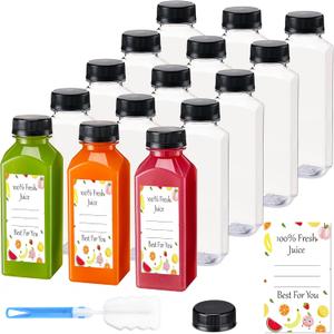 BOOMIBOO Juice Bottles with Caps - 15Pcs 12oz, Reusable Clear Plastic Bottles for Juicing & Smoothies - Includes Labels & Bottle Brush