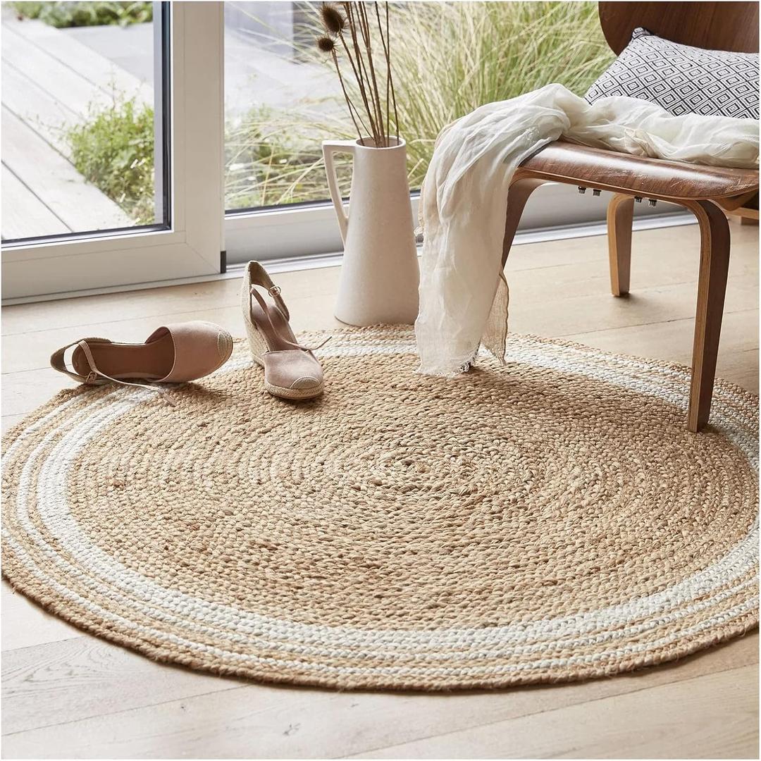 100% Jute Area Rug Approx 4 Feet - Braided Design Hand Woven Natural White Rings Carpet - Home Decor for Living Room Hallways - Round Natural Fibers