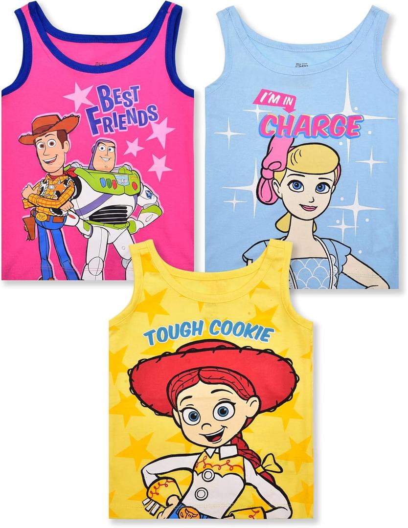 Disney Toy Story Girls’ 3 Pack Sleeveless Tank Top for Toddler and Little Kids – Pink/Blue/Yellow