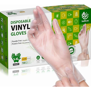 SWIFTLITE Disposable Vinyl Gloves, Food Safe, LatexFree PowderFree Clear Plastic Gloves for Cooking, House Clean, Food Prep (100, XLarge)