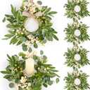 6 Pcs Green Eucalyptus Candle Rings Wreaths Spring Summer Kitchen Cabinet Wreaths Mini Green Berry Leaves Candle Wreath for Pillars Farmhouse Festival Wedding Celebrations Tabletop Decoration