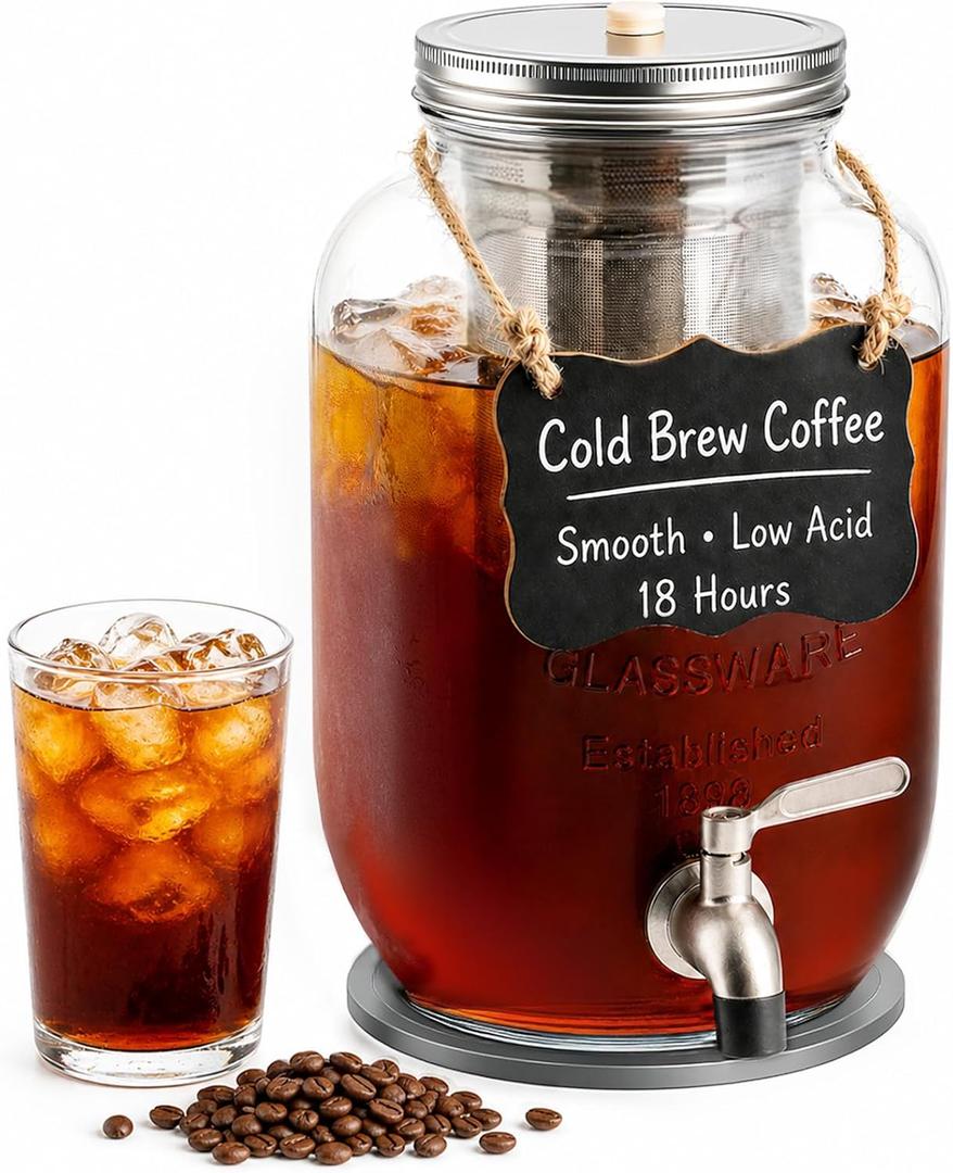 1 Gallon Cold Brew Coffee Maker Heavy Duty Glass Iced Coffee Maker with Stainless Steel Filter, 128oz Mason Jar Cold Brew Pitcher with Spigot Perfect for Iced Coffee, Cold Brew, and Iced Tea Brewing