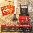 1HP 5000GPH Sump Pump - Clean/Dirty Water Portable Transfer Submersible Pump with Float Switch for Swimming Pool, Garden Pond, Basement with 10ft Power Cord,Remove Water Level Down to 0.2"