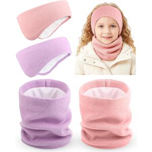 JenPen 4 Pcs Double-layer Ear Warmers Winter Neck Warmer Set for kids Headband-Knit Fuzzy Lined Winter Ear Muffs Neck Gaiter Set
