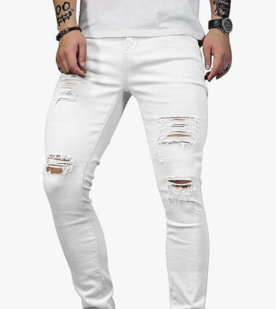 OIIIO, Men's Blue Slim Fit Jeans Stretch Destroyed Ripped Skinny Jeans Side Striped Denim Pants, size 40