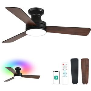 Orison Ceiling Fans with Lights 42 Inch, Low Profile Flush Mount Ceiling Fan, RGB Backlight & Dimmable Lighting, Remote & App Control, 6 Speeds, 3 Reversible Blades, Black/Wood