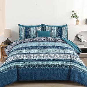 Cottolester Boho Comforter Set California King Size 8 Pieces, Teal Blue Comforter Bohemian Striped Bed in A Bag, Soft Microfiber Bedding Set for All Seasons