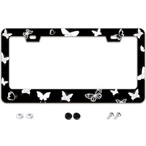Black and White Butterflies Print License Plate Frame - 2 Holes Stainless Steel Metal Auto Car Accessories Decoration License Plate Frame Size 6.3" x 12.2" Fit US Vehicles for Women Men Gift