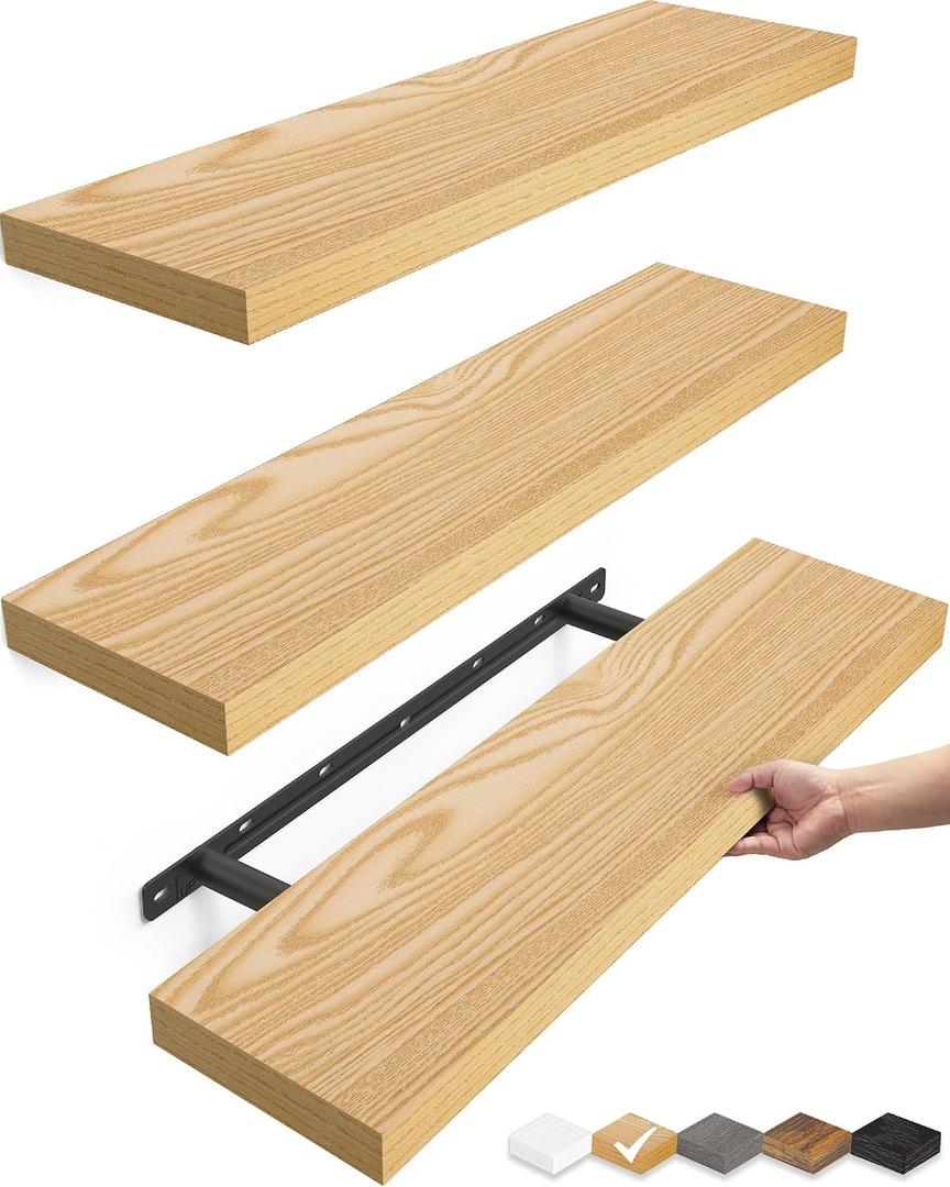 BAYKA Light Oak-Toned Floating Shelves 22.5in, Set of 3, Wall Mounted Shelf | Easy Install, 22lbs Max Load, Hidden Bracket, Shelving for Bathroom Bedroom Kitchen Display Storage, Multi-Wall Compatible