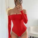 HYZ Women's Sexy Off The Shoulder Long Sleeve Backless Basic Going Out Thong Bodysuit Tops (Red)