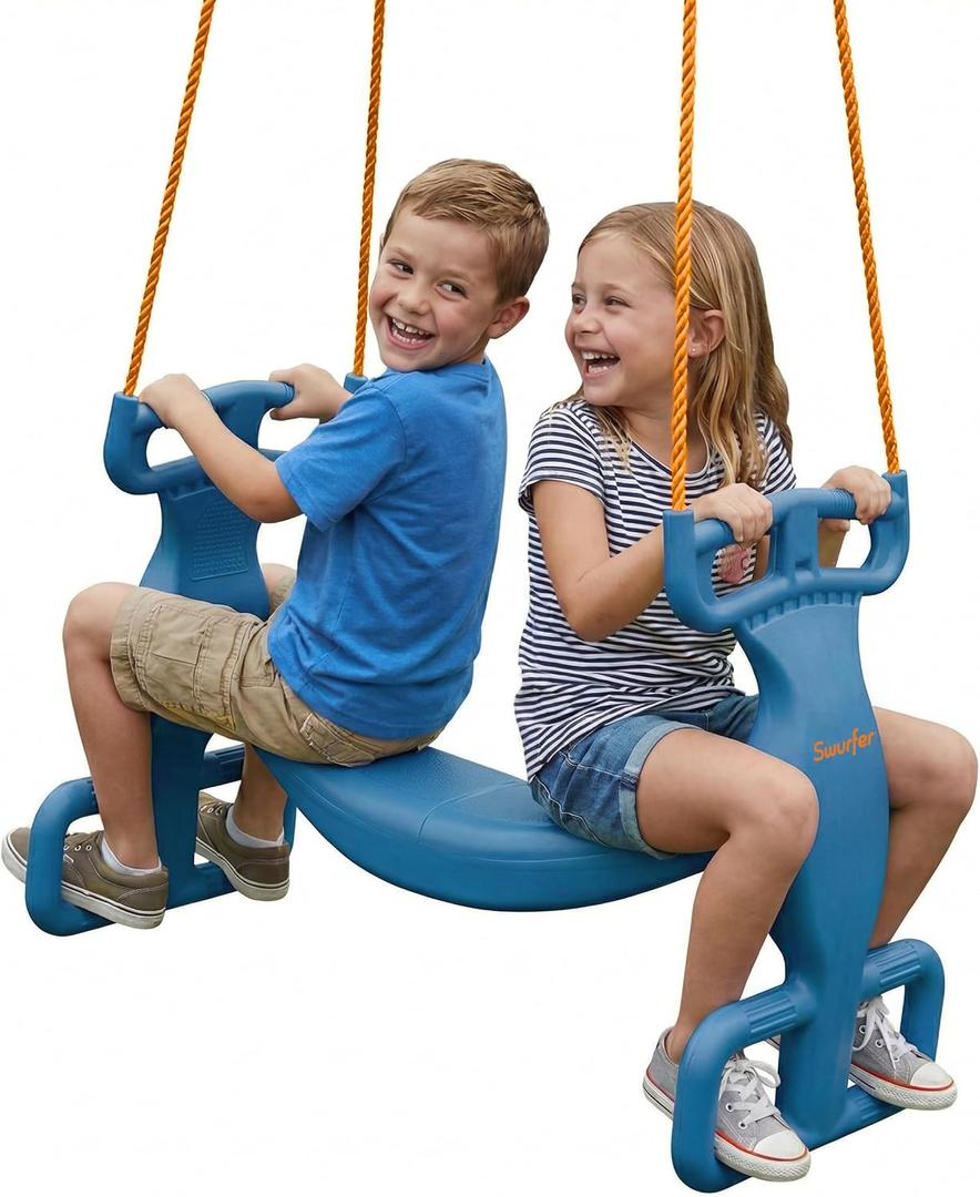 Swurfer Glider Swing for Kids - Outdoor Dual Swingset for Backyard Playset, Back-to-Back Swingset Accessories, Kids Outdoor Play Equipment, Heavy Duty, Easy Install, Up to 150lbs, Age 3+, Blue/Orange