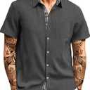 HUNGSON Men's Button Down Shirts Short Sleeve Casual Shirts Summer Beach with Pocket (Large, Dark Gray2025)