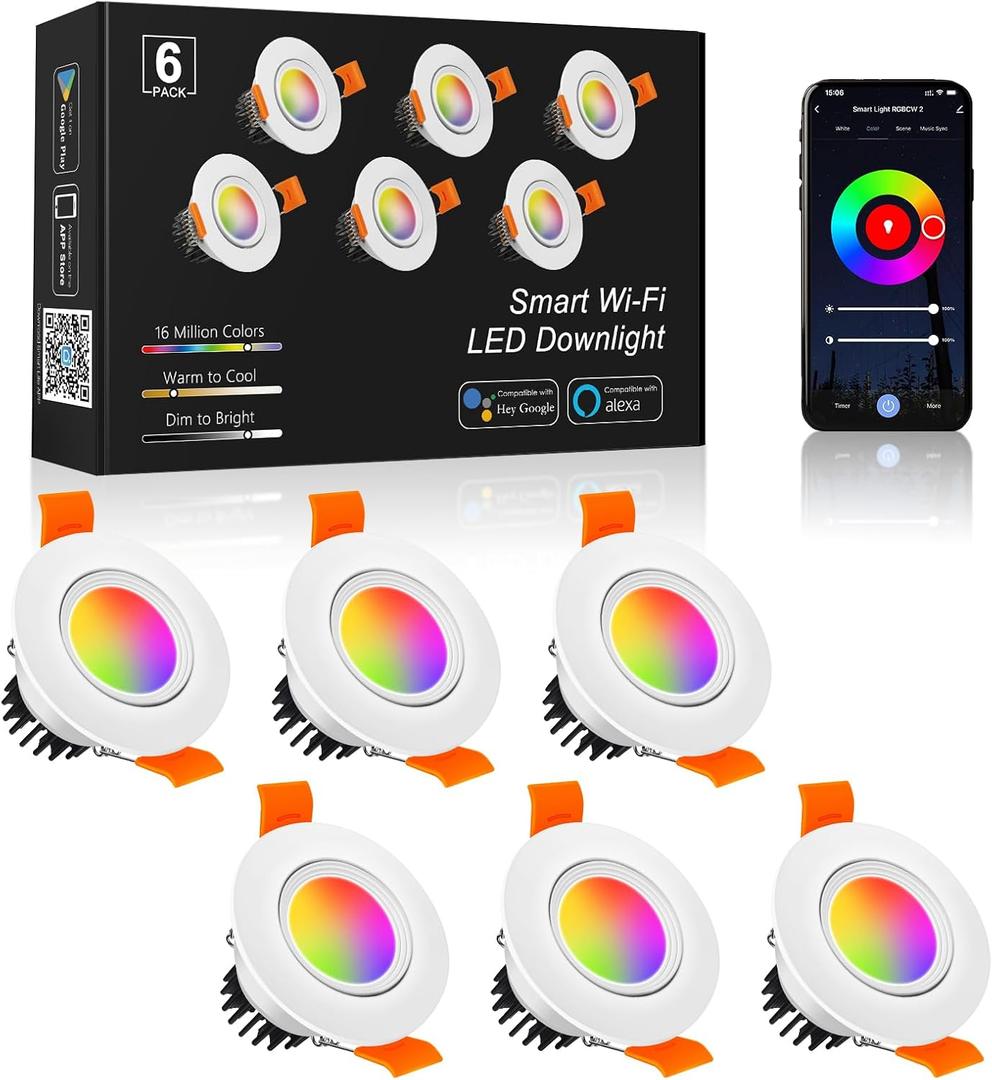 2 Inch Smart LED Recessed Lighting, 5W WiFi RGB Downlight, CCT 2700-6500K Dimmable Color Changing Recessed Ceiling Light, 110V Recessed Light Compatible with Alexa & Google Home with LED Driver 6 Pack