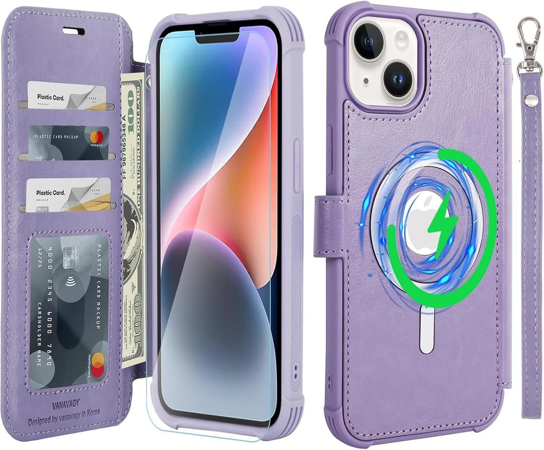 VANAVAGY Compatible for iPhone 14/13 Wallet Case for Magsafe Wireless Charging, PU Leather Flip Folio Phone Cover with Wrist Strap RFID Blocking Card Holder Screen Protector,Clove Purple