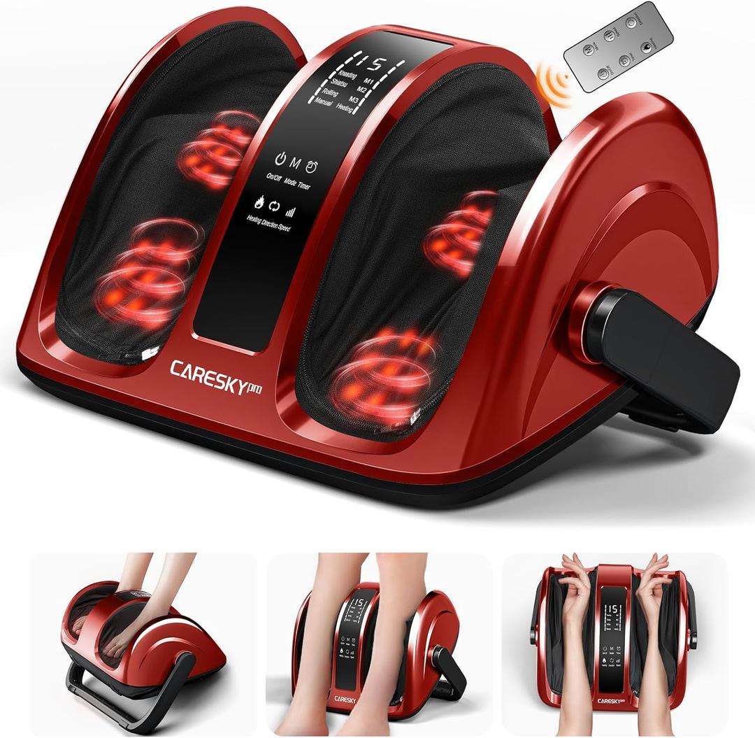 FSA HSA Eligible Foot Massager with Heat, 3-Heating Shiatsu Foot Massager for Circulation and Pain Relief, Deep Kneading Rolling for Calf-Leg-Arm Relaxation, Plantar Fasciitis, Neuropathy (Red)