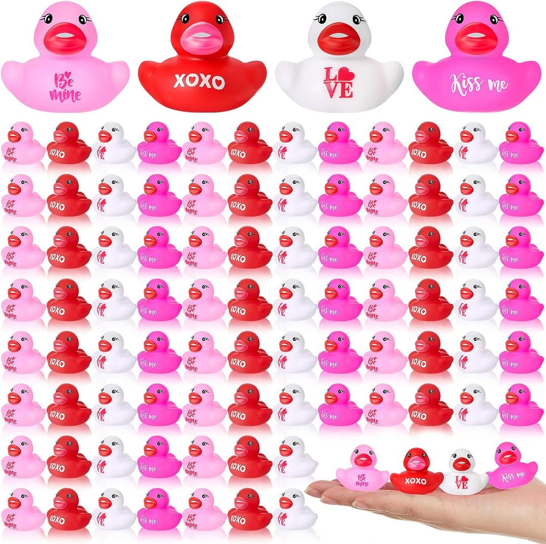 Jenaai 100 Pcs Valentine's Day Bath Toys Ducks Assorted Pink Red White Mini Rubber Ducks Toy Bulk Small Tiny Ducky for Valentines Classroom Exchange Gifts Party Favors