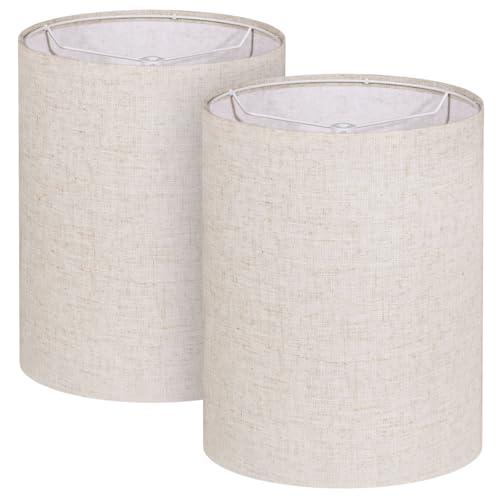 Tall Lamp Shades Set of 2, 10" Top X 10" Bottom X 13" High Large Drum Lampshades for Table Lamps Floor Lamp, Beige Line Fabric Lamp Shades, Easy Assembly Replacement Lampshades