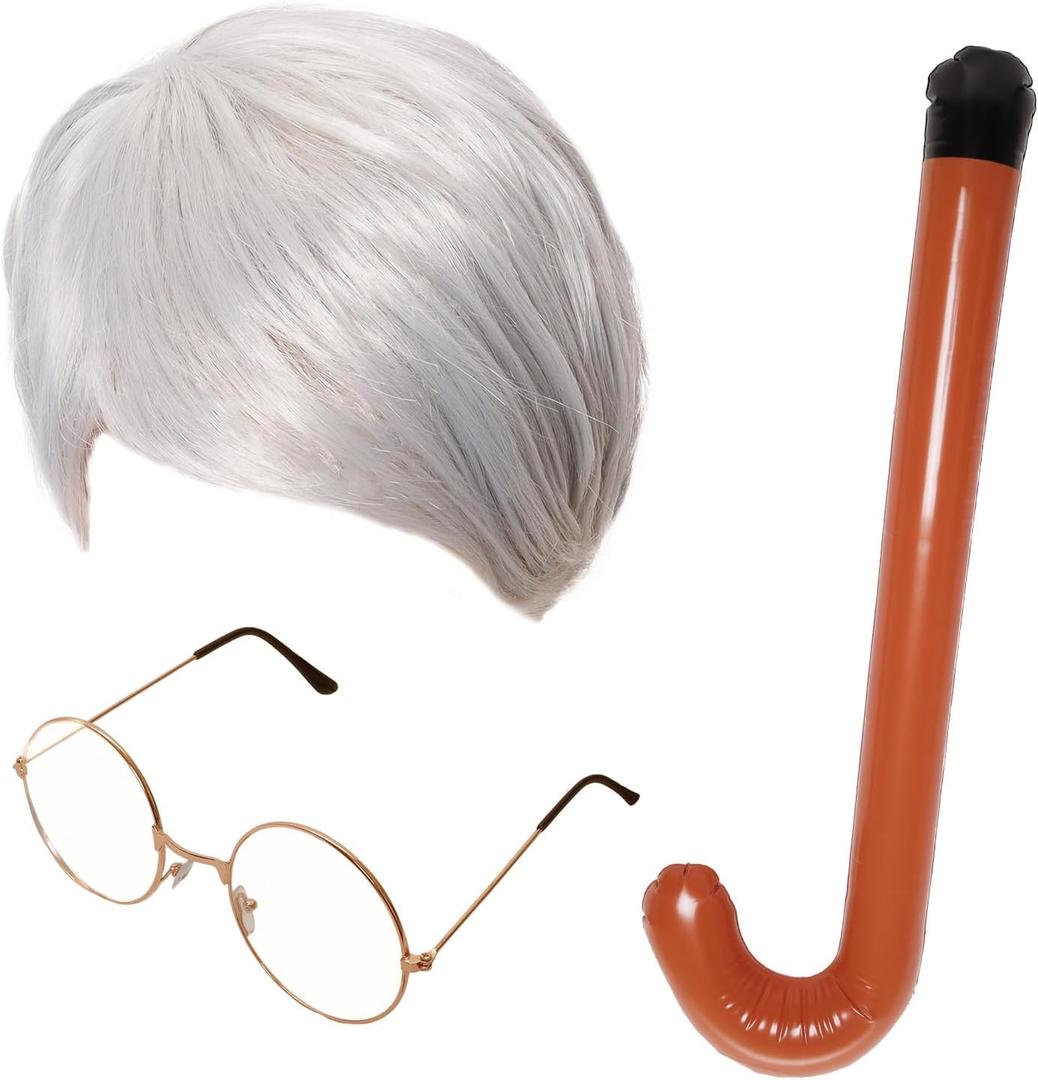 3Pcs Old Man Costume Accessories Grandpa Silver Wig with Glasses Inflatable Crutch for Men 100th Day