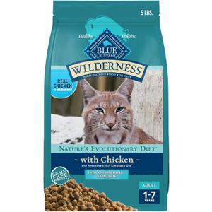 Blue Buffalo Wilderness Natural Hairball Care Dry Cat Food for Indoor Cats, High-Protein & Grain-Free Formula, Chicken, 5-lb. Bag (EXP 02/20/27)