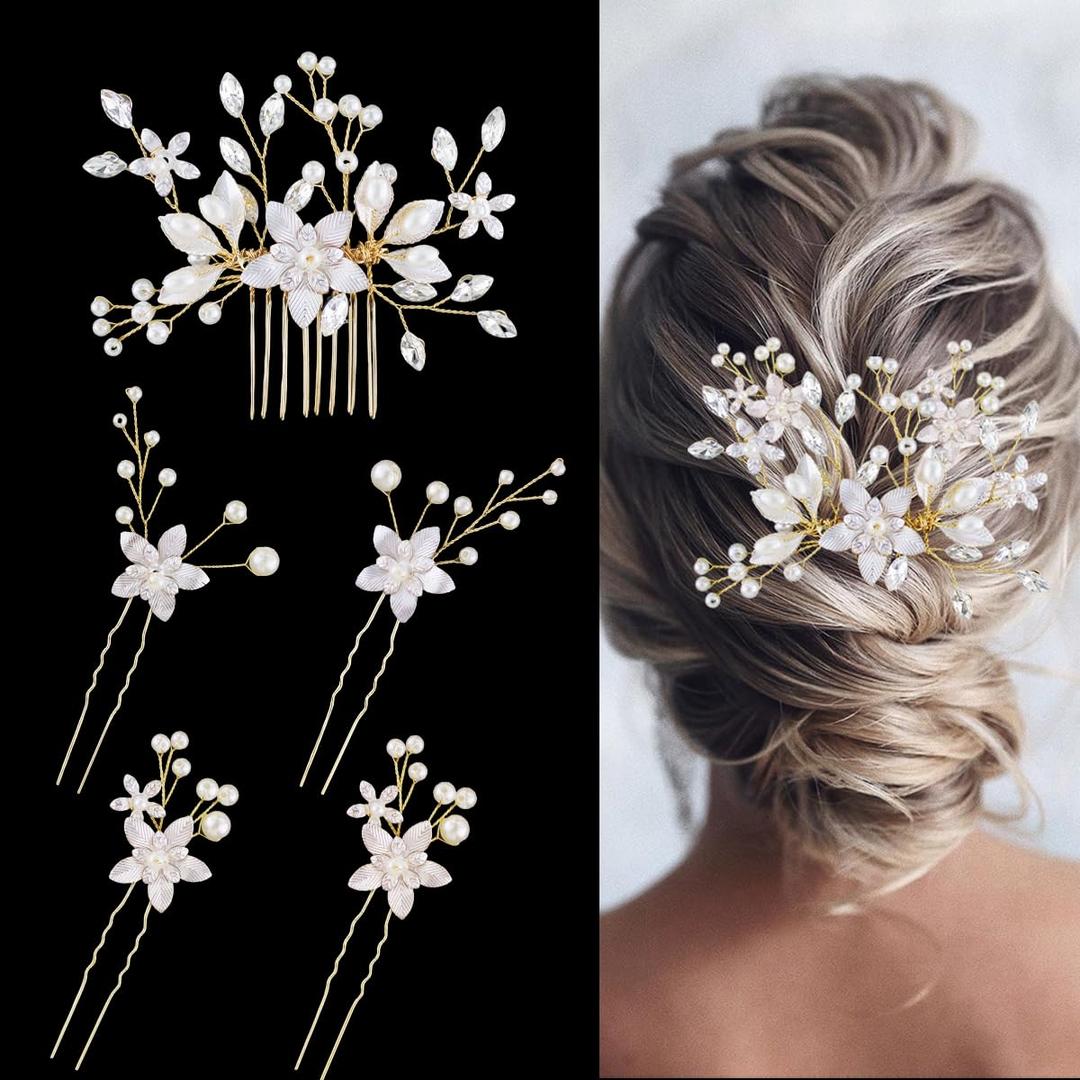 5 Pcs Bridal Flower Wedding Hair Pins Crystal Pearl Hair Clips Headpiece Wedding Hair Accessories Jewelry with Rhinestone for Brides Bridesmaids Women Girls Updo